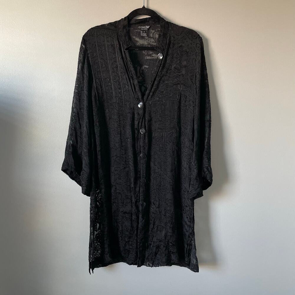 Citron Santa Monica Black Sheer Floral Silk Blend Blouse Dress Button Up sz S